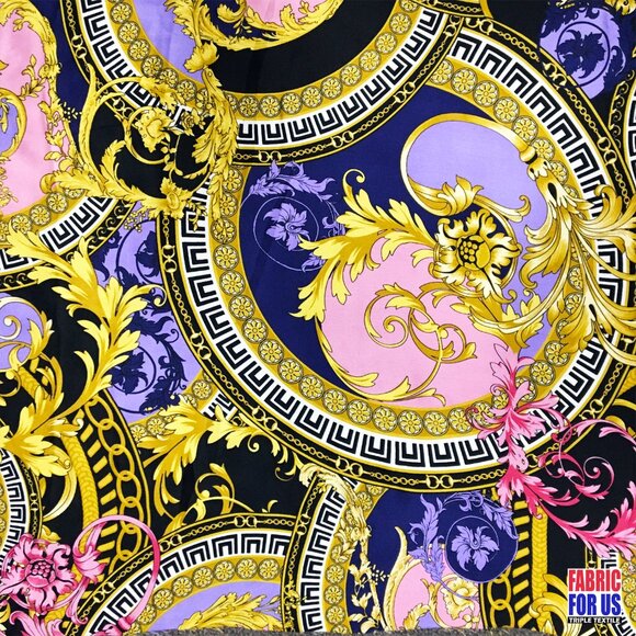 Ornate Greek Key Polyester Design Print Purple / Gold Fabric 58" Wide - Picture 1 of 3